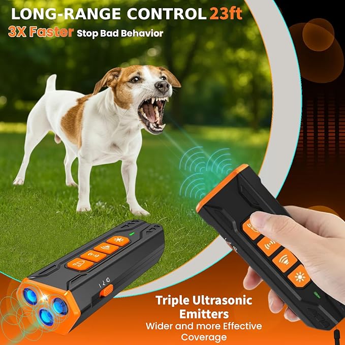 Dog Bark Deterrent Device with Training Clicker, 3X Ultrasonic Anti Barking Device for Dogs, 23FT Long Range, 6 Adjustable Modes, Rechargeable Stop Barking Dog Devices for Small, Medium & Large Dogs
