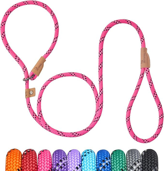 5 FT Slip Lead Dog Leash, Heavy Duty Rope Leash for Small Medium Large Dogs, No Pull Training Lead with Reflective Thread, Strong Comfortable Loop Leash (Pink Stripe, Medium(3/8"))
