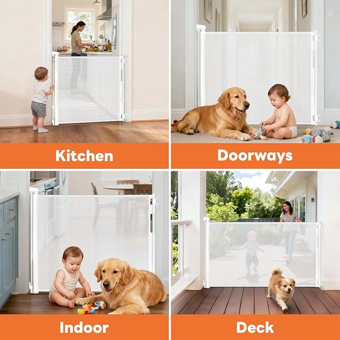 (2 Pack) Retractable Baby Gates for Doorways, Mesh Dog Gate for Stairs, Pet Gate Indoor, Extends to 55" Wide 33" Tall, Safety Toddlers Gates for Hallways, Indoor & Outdoor Use, White
