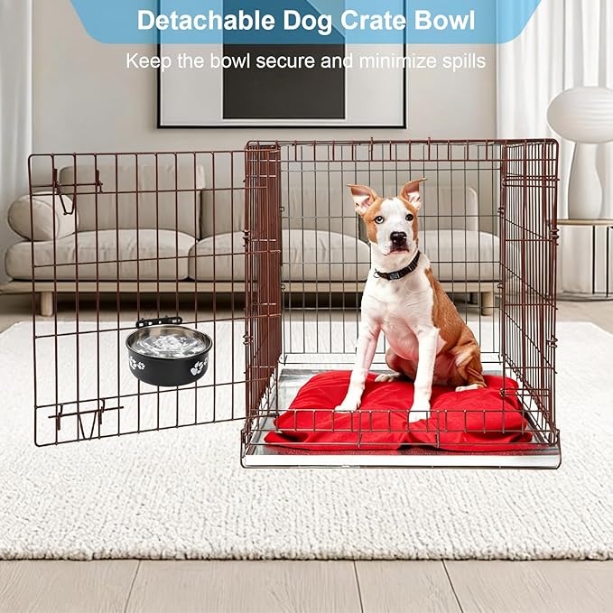 Dog Bowl Kennel Water Bowl Hanging Stainless Steel Pet Food Water Bowl Cage Feeding Cup Feeder for Medium and Small Dogs Cats (Black, Small 5.5")