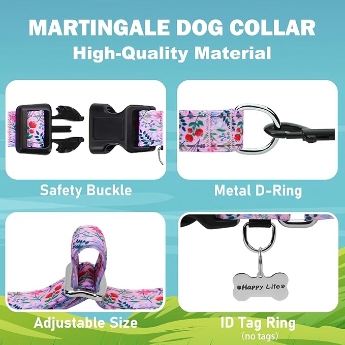 Reflective Martingale Collar with Quick Release Buckle Anti Pulling Girl Female Dog Collars (Pink Flowers Plants, Large)