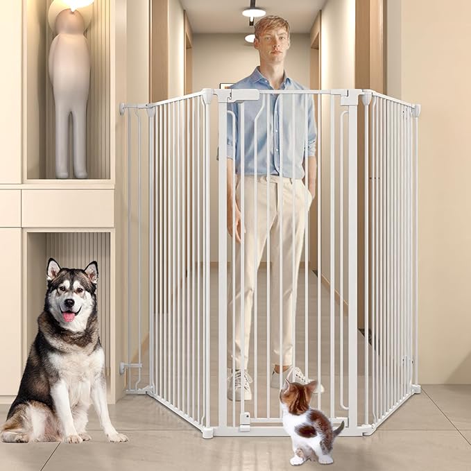 51" Extra Tall Cat Gate for Cats – 57.4" to 81" Extra Wide Cat Gate for Doorway,Auto Close 3-Panel Durable Pet Gate Indoor Use, Metal Dog Gate for Kitchens, Doorways & Stairs (White)