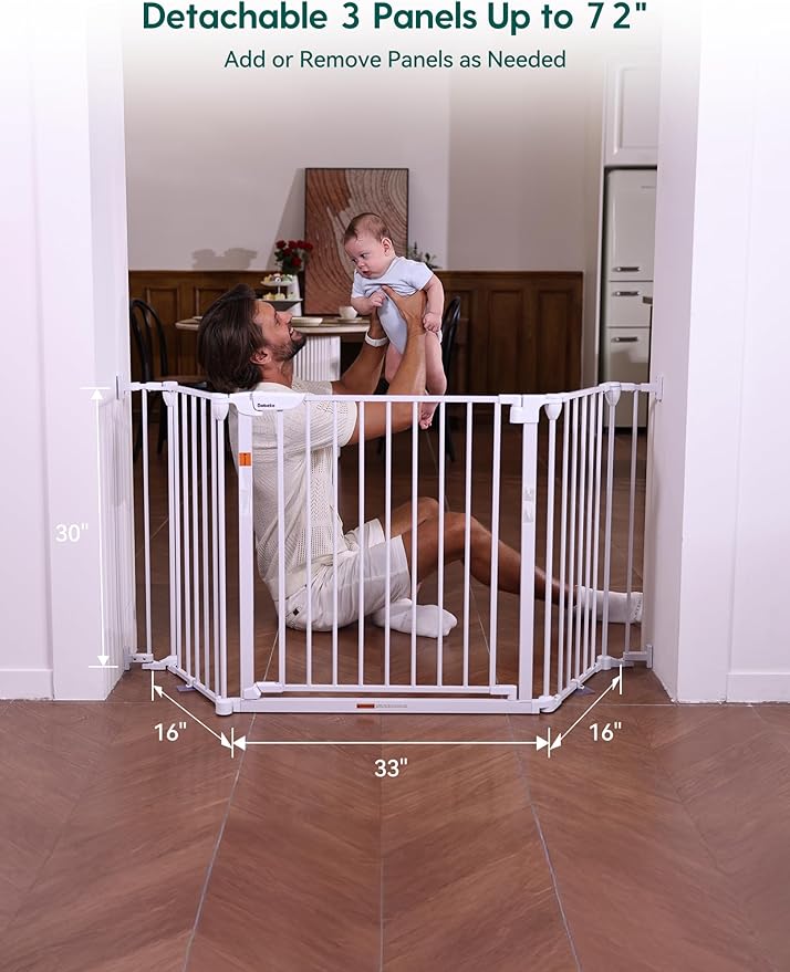 Babelio 72" Extra Wide Baby Gate, 30" Tall Auto Close Dog Fence for Stairs Kitchen Doorways Fireplace, Hardware Mounted Pet Gate Indoor, Foldable 3 Metal Panels, White