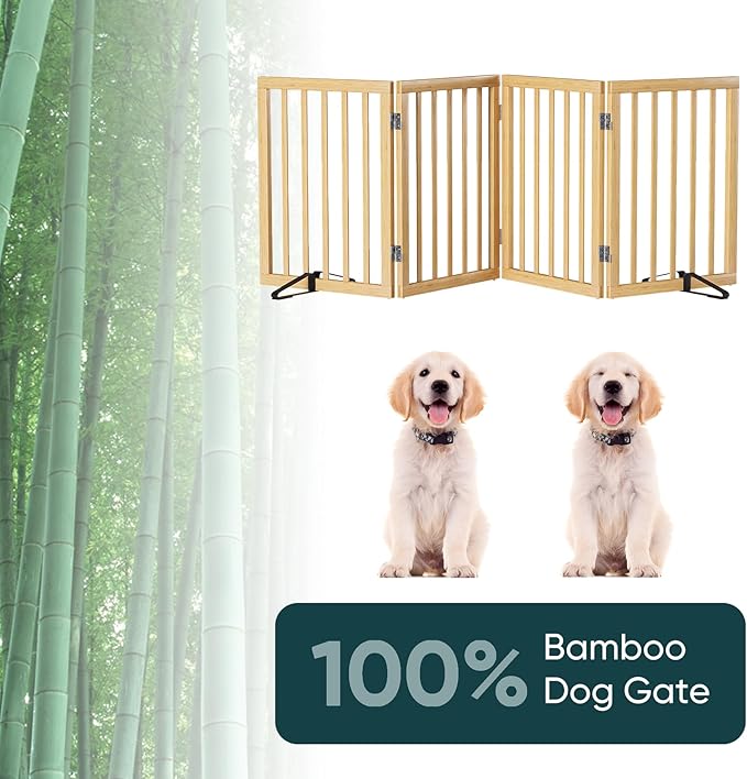Semiocthome Solid Bamboo Dog Gate with 2 Stands, Freestanding Pet Gates for Doorways and Stairs, 24" Height-4 Panels Puppy Gate for The House, Fully Assembled Indoor Gate Safety Fencee - Natural