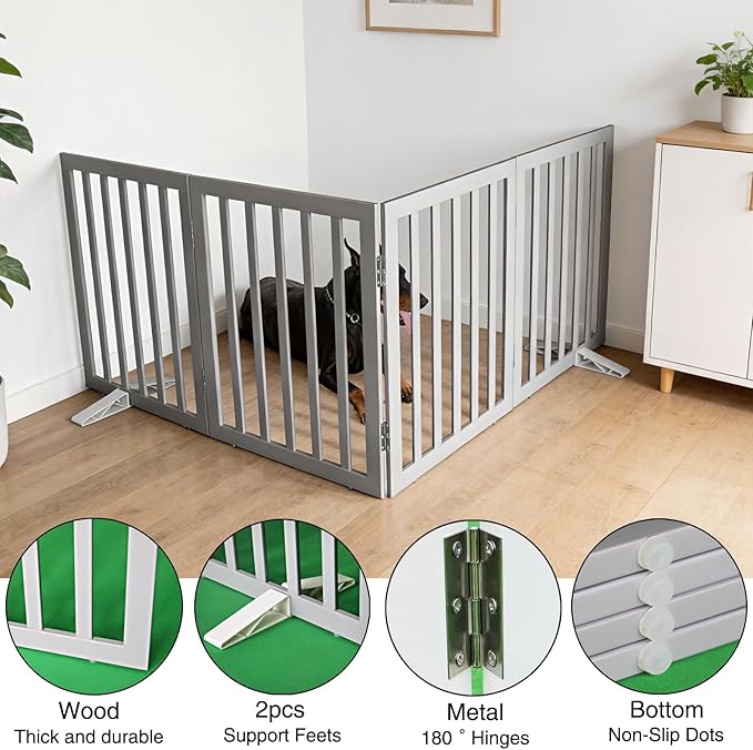 Dog Gate Indoor, Freestanding Dog Fence for The House, Doorways, Hallways,or Stairs,Pet Gate Foldable Wooden,Expandable 32" Height 4 Panels,Grey