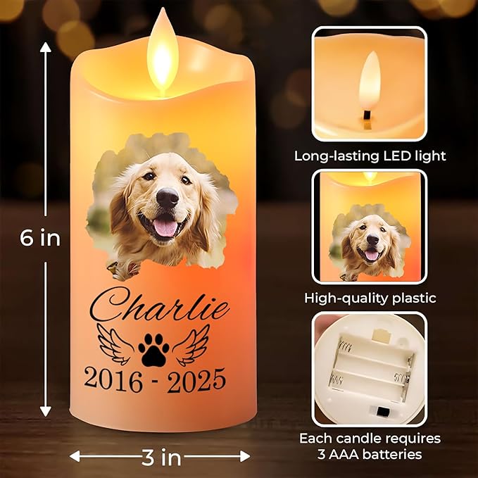 Personalized Dog Memorial LED Candle – Custom Remembrance Gift for Pet Loss, Battery Flickering Electric Candle, Bereavement Gift for Dog Lovers
