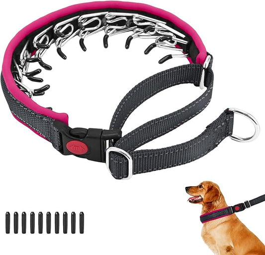 Martingale No Pull Dog Collar for Large Medium Small Dogs, Heavy Duty Nylon Reflective Adjustable Anti Pull Slip Collar with Buckle for Training Walking L Black Hot Pink