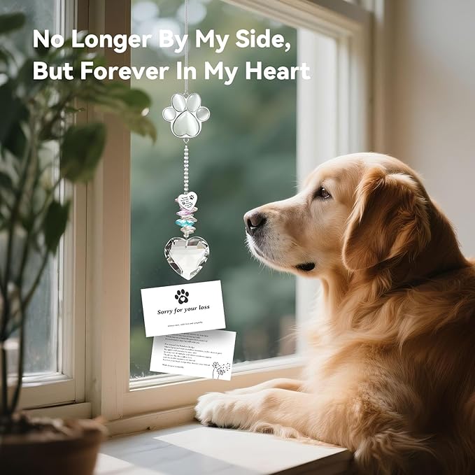 Pet Memorial Suncatcher - Loss of Dog Sympathy Gift, Pet Memorial Gifts for Dogs, Thoughtful Dogs and Cats Bereavement Remembrance Gifts, Gemstone Paw Crystal Suncatcher(White Stone)