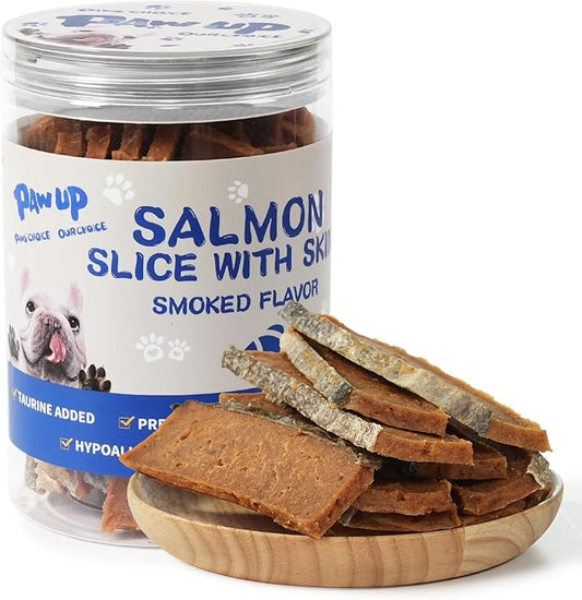 PAWUP Salmon Dog Treats, Smoked Salmon Jerky with Fish Skin, Salmon and Duck Recipe, High Protein Snacks, Natural Omega 3-6, Low in Fat with Taurine, 12.5 oz (15-20 PCS)