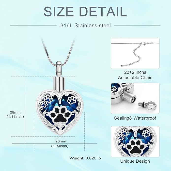 Heart Urn Necklace For Ashes Birthstone Pet Memorial Jewelry Dog Paw Print Cremation Pendant Stainless Steel Keepsake Gift For Pet Lovers