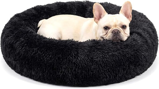 Calming Donut Dogs Beds for Medium Dogs up to 45 lb,30inch Anti-Slip Plush Round Dog Bed with Raised Rim,Fluffy Faux Fur Pet Bed for Cozy Sleep,Black