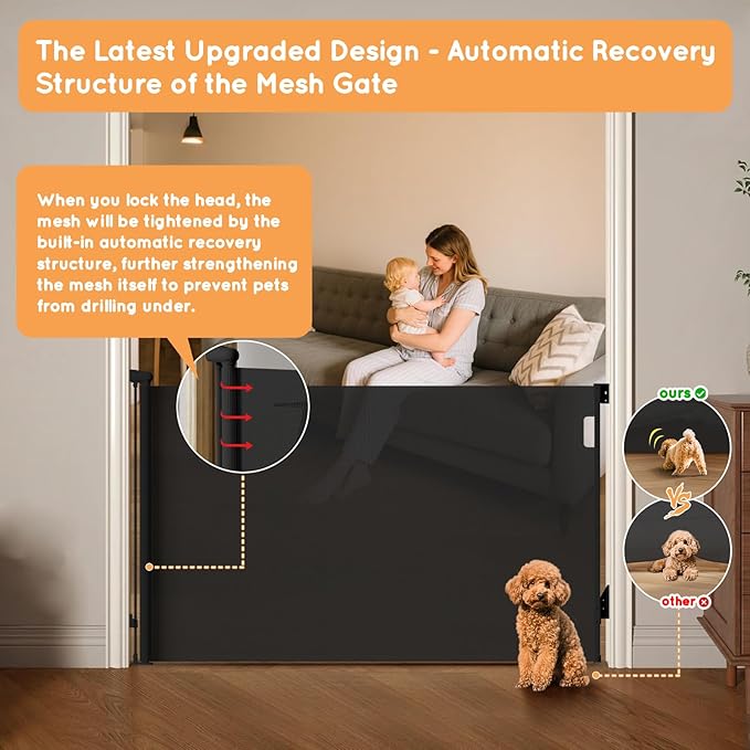 Retractable Baby Gate, 38" Extra Tall Mesh Dog Gate with Auto-Tension Design, 71" Wide One-Hand Operation Doorway Gates for Pets & Babies, No Bottom Rail Safety Gate for Hallways, Black