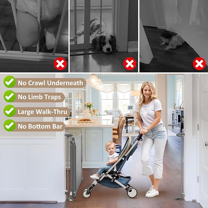 GRENFU 28" Tall No Drill Dog Gate for Stairs, Dual-Opening Sliding Pet Gate, Fits 32-55" Wide Expandable Dog Gates Indoor No Bottom Bar Baby Gate No Drill & Adjustable Width & Angle Mesh Gate, Gray