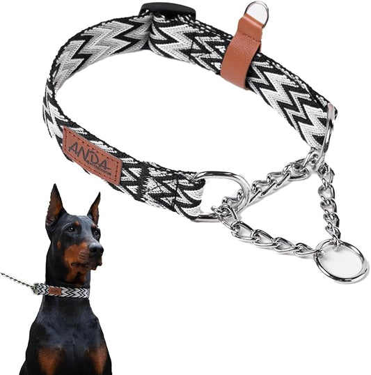 ANDA Martingale Collar for Dogs, Adjustable with Reflective Stainless Steel Chain, No-Pull Escape-Proof Training Collar for Medium and Large Breeds (Chevron Black Chain Style, Large)