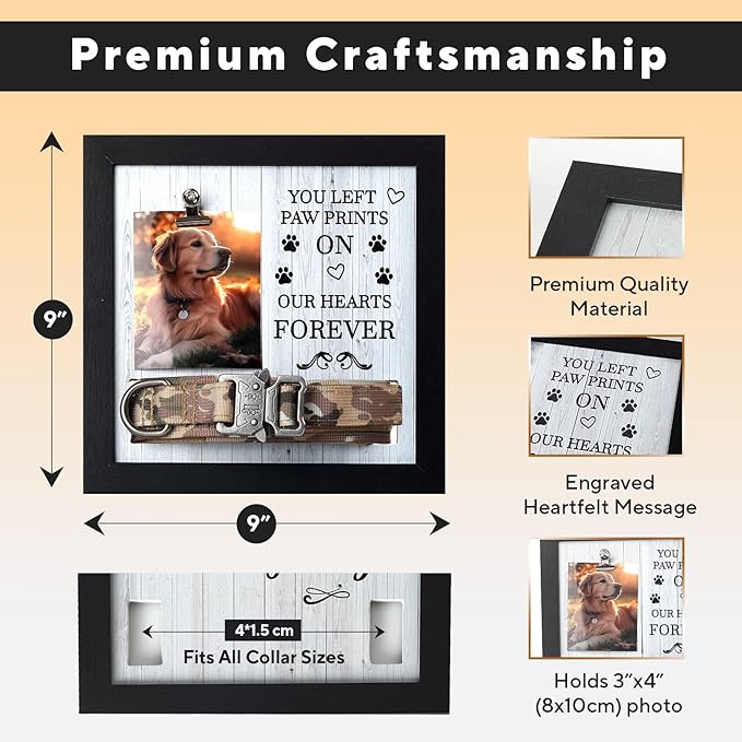 Pet Memorial Frame with Collar Holder – Dog & Cat Loss Remembrance Gift – You Left Paw Prints on Our Hearts Forever – Sympathy Keepsake Frame for Pet Lovers