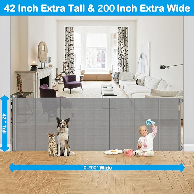 Reinforced 42" Extra Tall Retractable Baby Gate-Prevent Crawling Under, 200" Retractable Pet Gates for Wide Openings, 16ft Mesh Child Gates for Wide Openings, No Bottom Bar Indoor/Outdoor Baby gate