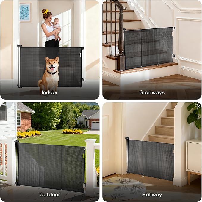 Retractable Baby Gate for Stairs, 42" Tall X 59" Wide Mesh Dog Gate Indoor, Child Gate for Doorways, Hallways, Deck, Indoor Outdoor Pet Baby Safety Essentials for Home, Black