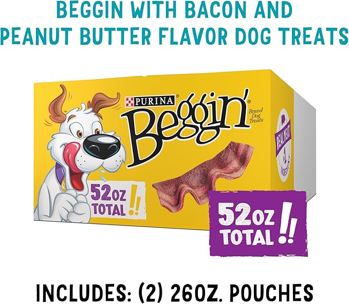 Purina Beggin' Strips with Real Meat Dog Treats,with Bacon and Peanut Butter Flavor - 26 oz. Pouches,(Pack of 4)