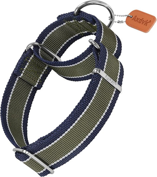 Martingale Collar 1.5 Inch Wide 1600D Extra Strong Anti Escape Nylon Dog Collar, No Pull Heavy Duty Dog Collar with 3-Color Stripe for Large to XLarge Dogs (XLarge, Army Green & Gray)