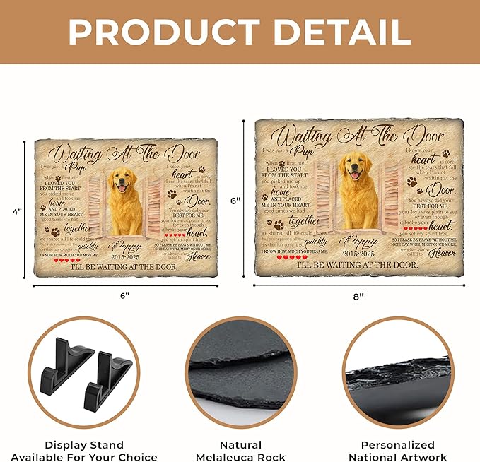 Pet Loss Memorial Stone Gift | Waiting at The Door Grave Marker for Dogs or Cats | Personalized Photo Remembrance Gift for Pet Owners | Animal Memorial Stones Dog