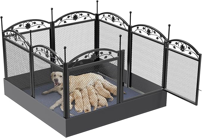BingoPaw Dog Playpen Indoor: 8 Panels 32” Tall Metal Pet Pen Puppy Whelping Box with Waterproof Bottom - Outdoor Doggy Run Fence with Door for Small Medium Large Dogs
