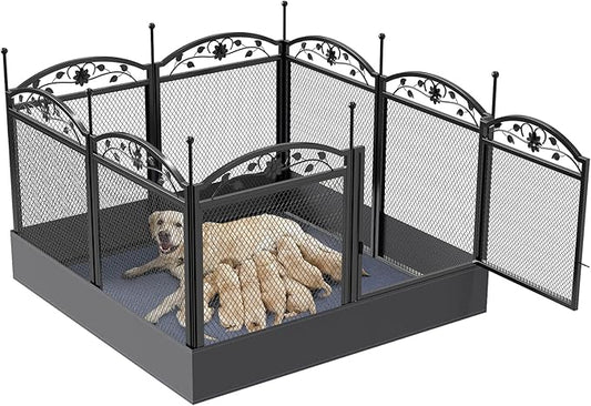 BingoPaw Dog Playpen Indoor: 8 Panels 32” Tall Metal Pet Pen Puppy Whelping Box with Waterproof Bottom - Outdoor Doggy Run Fence with Door for Small Medium Large Dogs