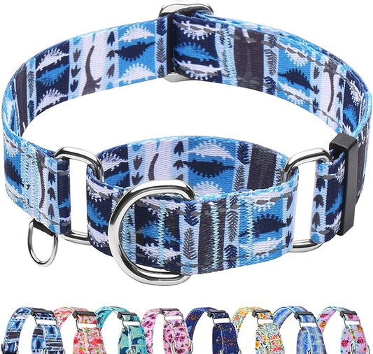 Reflective Martingale Collar for Dogs Nylon Training Collar with No Buckle, No Pull Escape Proof Dog Collar for Medium Dogs（Blue Dinosaur，M）