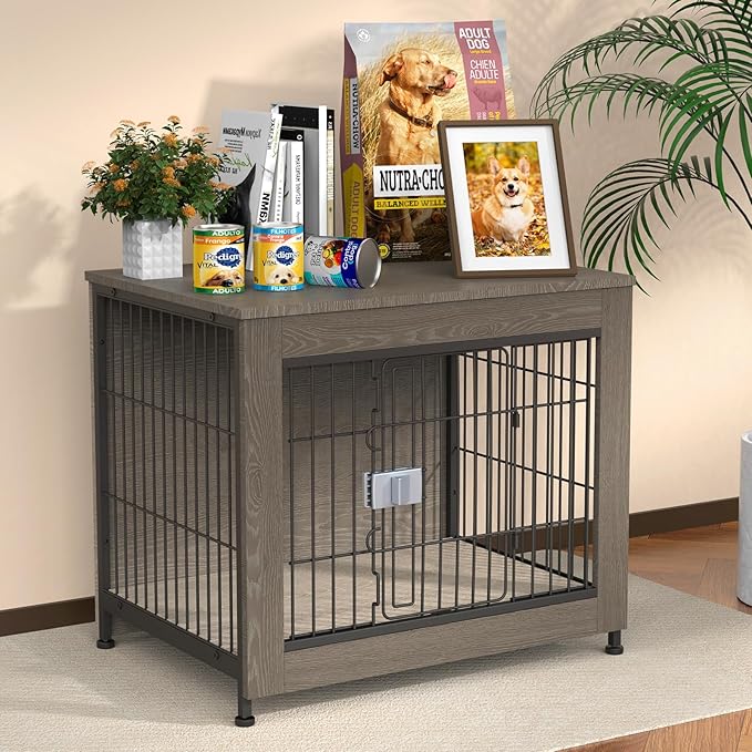 Furniture Style Dog Crate, 27" Wooden Dog Kennel End Table with Solid Top, Indoor Pet Crate House with Secure Slide Lock, Modern Dog Cage Furniture for Small & Medium Dogs, Greige
