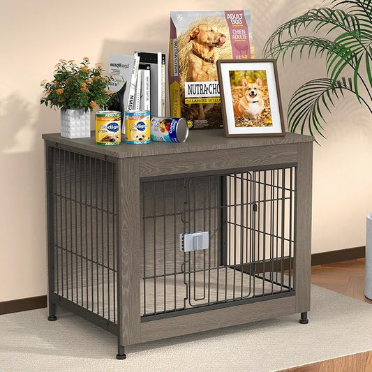 Furniture Style Dog Crate, 27" Wooden Dog Kennel End Table with Solid Top, Indoor Pet Crate House with Secure Slide Lock, Modern Dog Cage Furniture for Small & Medium Dogs, Greige