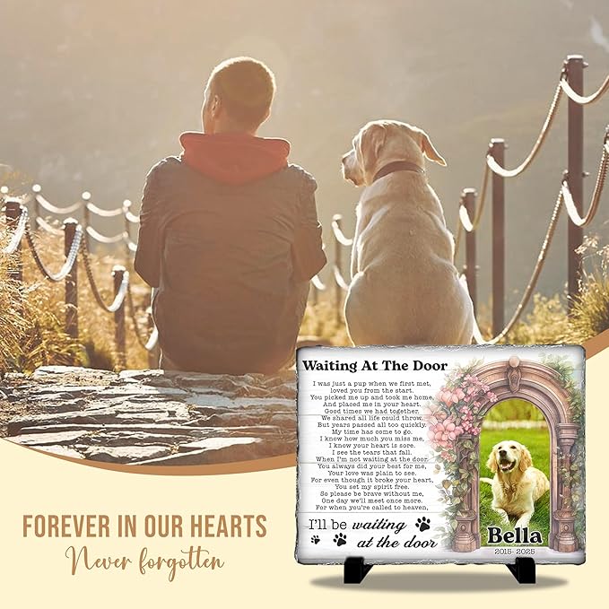 Personalized Dog Memorial Stone – Waiting at The Door Poem | Custom Photo Plaque for Dog or Cat Loss | Pet Remembrance Stone for Grave or Garden | Memorial Gifts for Pet Lovers