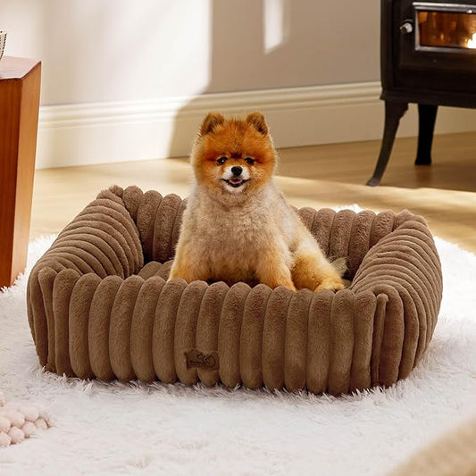 Bedsure ComfyFleece™ Cute Dog Bed for Small Medium Dogs - Washable Furry Puppy Beds, Rectangle Orthopedic Corduroy Fleece Pet Beds with Removable Zipper Cover, 25x21x7inches, Camel Brown