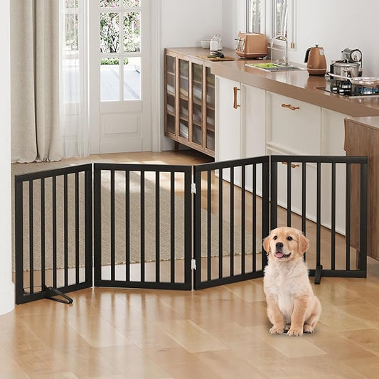 Freestanding Foldable Dog Gate - 4 Panel Room Divider with Metal Support Feet (Black)