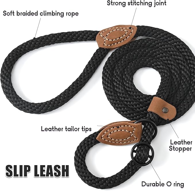 Mile High Life Slip Leads for Dogs | Heavy Duty Dog Training Leash | 4 Feet No Pull Slip Leashes w Leather Tip | Black Rope Lead for Dogs Outside