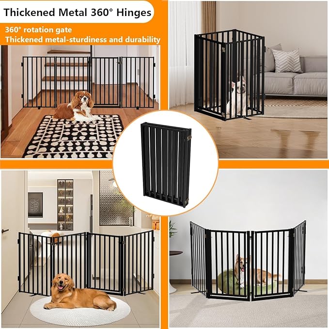 Dog Gate Free Standing with Door for Stairs, 36" Tall Dog Fence Freestanding Indoor Outdoor Use for Doorways, Metal Black 4 Panels
