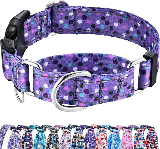 Reflective Martingale Collar for Dogs with Quick Release Buckle Cute No Pull Training Dog Collars (Purple Polka Dot, Medium)