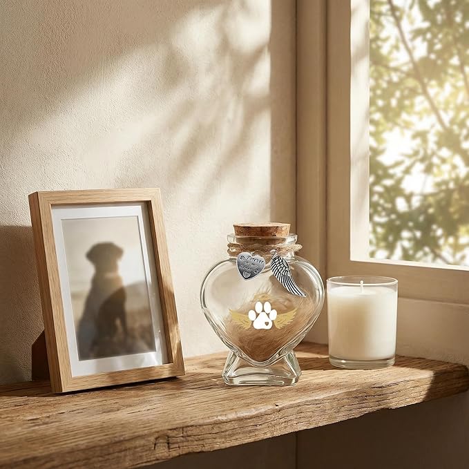Pet Memorial Bottle for Pet Hair, Pet Fur Memorial Keepsake, Keepsake for Dog and Cat Hair with Heart Shape Glass
