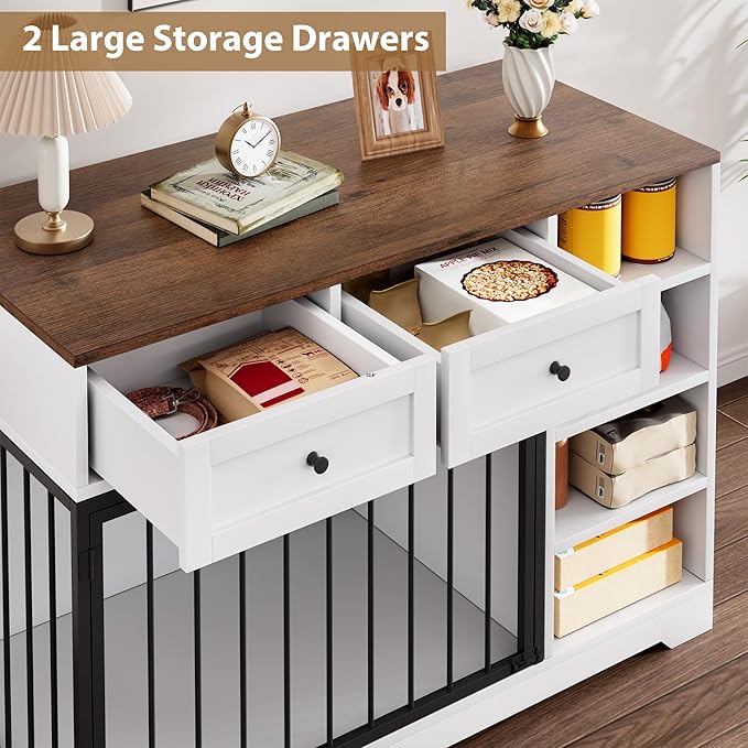 Dog Crate Furniture 47", Large Dog Crate TV Stand with 2 Drawers and 4 Shelves, Wooden Dog Kennel Indoor, Decorative Dog Cage with Storage for Large Dogs, White