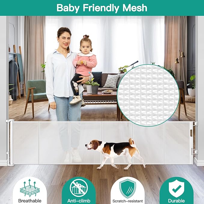 24 Inch Tall x 150 Inch Extra Wide Retractable Dog Gate for The House, Short Baby Gate to Step Over, Reinforced Mesh Puppy Gate for Doorways, Step Over Pet Gate for Stairs, Indoor/Outdoor, White