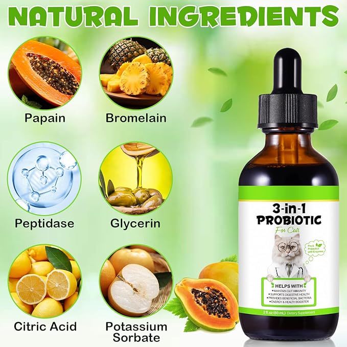 Probiotics for Cats Liquid, Cat Probiotic, 3 in 1 Cat Probiotics Supplement with Prebiotic & Digestive Enzymes | Support Gut Health, Diarrhea and Constipation Relief, Suitable for All Cats, 60 ml