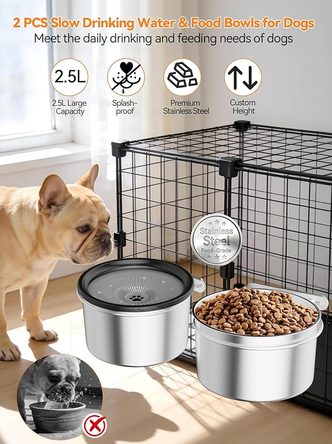 2PCS Spill Proof Dog Crate Water Bowl and Food Bowl Set, 2.5L Stainless Steel Dog Bowls for Cage, Kennel, Slow Drinking Dog Water Bowl for Large/Medium Pets, Hanging Pet Bowls