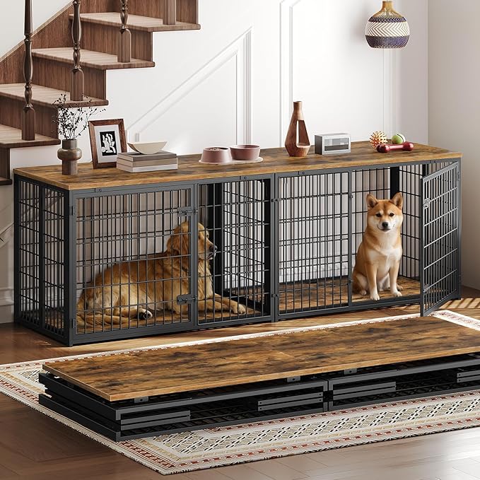 Foldable Dog Crate Furniture for 2 Dogs, 78.7'' Double Dog Kennel Indoor with Removable Divider, Heavy Duty Dog Cage, for Small/Medium/Large Dog, TV Stand, Rustic Brown DC200BR