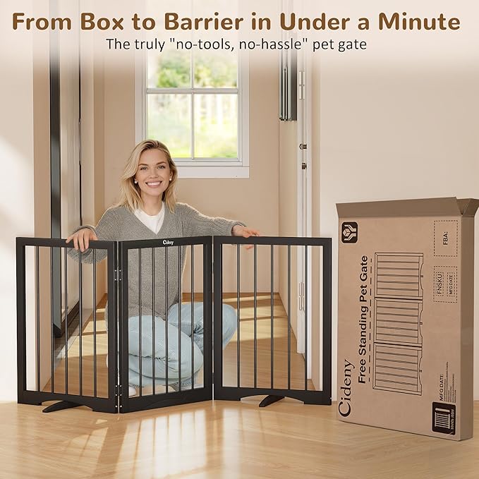 Free Standing Dog Gate Indoor, Foldable Dog Gate for Doorways Stairs Hallways, 3-Panel Freestanding Pet Gate with Support Feet for Stability, Folding Puppy Gate Easy to Move, Doggy Gate 54"x24"