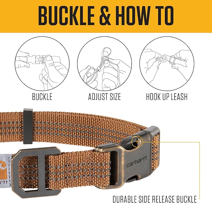 Carhartt Fully Adjustable Nylon Webbing Collars for Dogs, Reflective Stitching for Visibility, Black (Nylon Webbing), Medium
