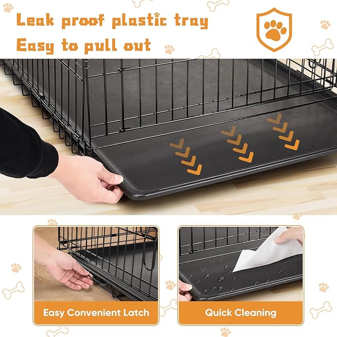 DUMOS Dog Crate, 42 Inch Large Double Door Dog Cage with Plastic Leak-Proof Pan Tray, Folding Metal Wire Pet Kennel for Indoor, Outdoor, Travel