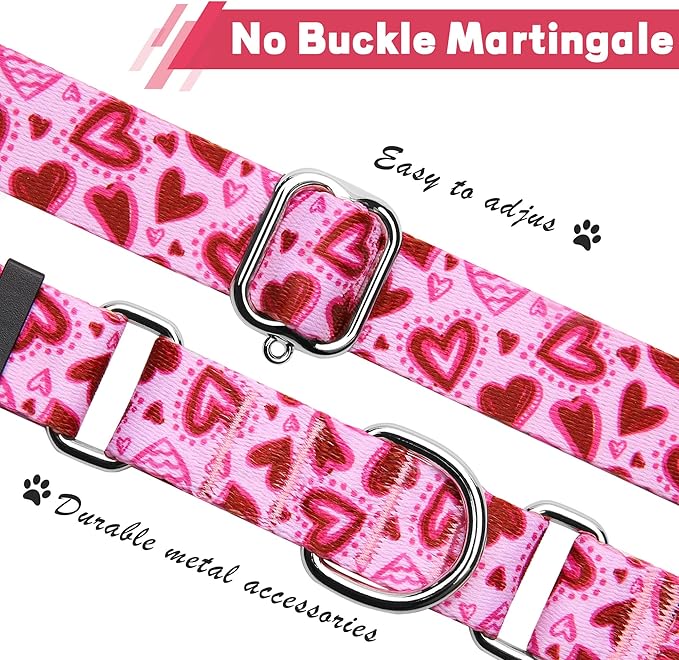 Hikiko Pink Heart Martingale Dog Collar with No Buckle Pretty Cute Valentines Dog Collar for Medium Dogs,Love,M