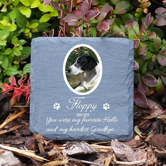 Personalized Individual Square Memorial Plaque + Stand for Pet Cat Dog Slate Stone Frame Paw Grave Marker - Size 3.94" x 3.94" or 100 x 100 mm - White Frame Photo