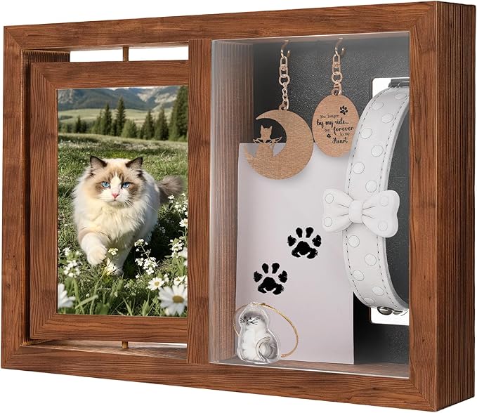 Dog & Cat 3-IN-1 Memorial Wooden Picture Frame Set, Lost Pet Sympathy Gifts with 360° Rotation Wooden Picture Frame for Two 4"x6" Photos, Pet Memory Gifts for Dog/Cat Passing