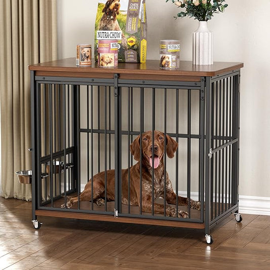 Dog Crate Furniture, 42’’ Wooden Dog Kennel Indoor with Sliding Front Door, Multi-Side Openings & Feeding Window Pet Cage House as TV Stand