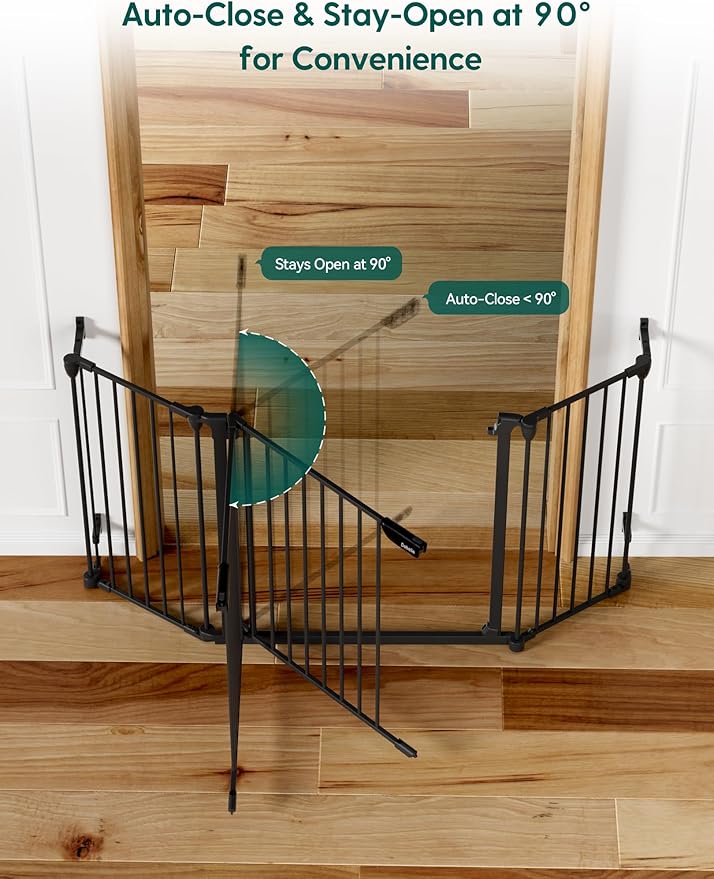 Babelio 72" Extra Wide Baby Gate, 30" Tall Auto Close Dog Fence for Stairs Kitchen Doorways Fireplace, Hardware Mounted Pet Gate Indoor, Foldable 3 Metal Panels, Black
