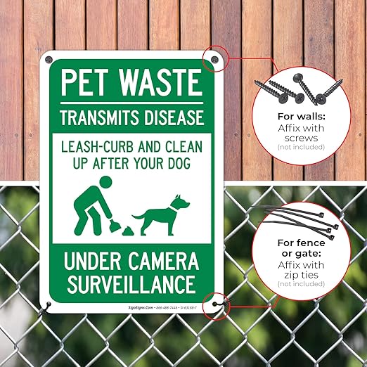 Pet Waste Leash-Curb and Clean Up After Your Dog Under Camera Surveillance Sign, (SI-63188) 10x7 Inches, Rust Free .040 Aluminum, Fade Resistant, Made in USA